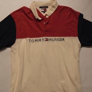 red, white, & dark blue Tommy Hilfiger polo shit